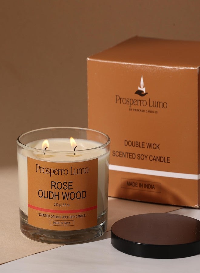 PROSPERRO LUMO by Parkash Candles Premium Scented Soy Wax Candle, 250 gm, 25-30 Hrs | Luxury Aroma Therapy Dual Wick Votive Jar Candle | Scented Candles for Home Decor Gift Set (Rose OUDH Wood) - Image 1